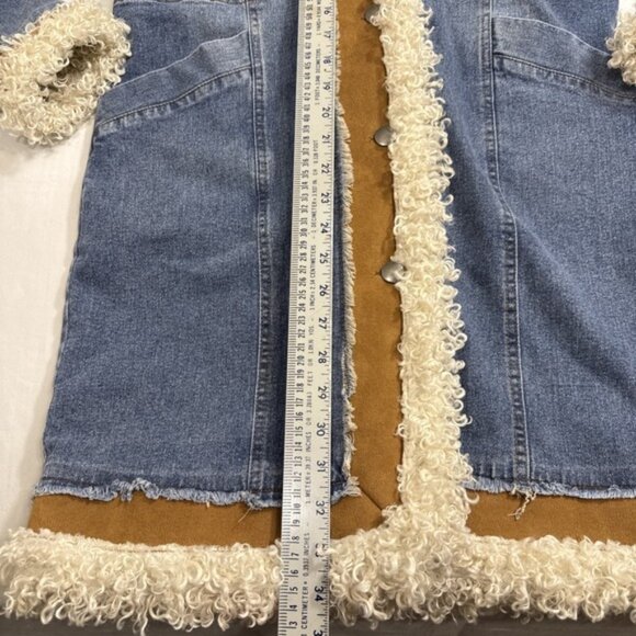 B. COATURE Long Duster Denim Jacket HOOD FAUX SUEDE FAUX SHERPA WOMEN SM NWT - Picture 6 of 11